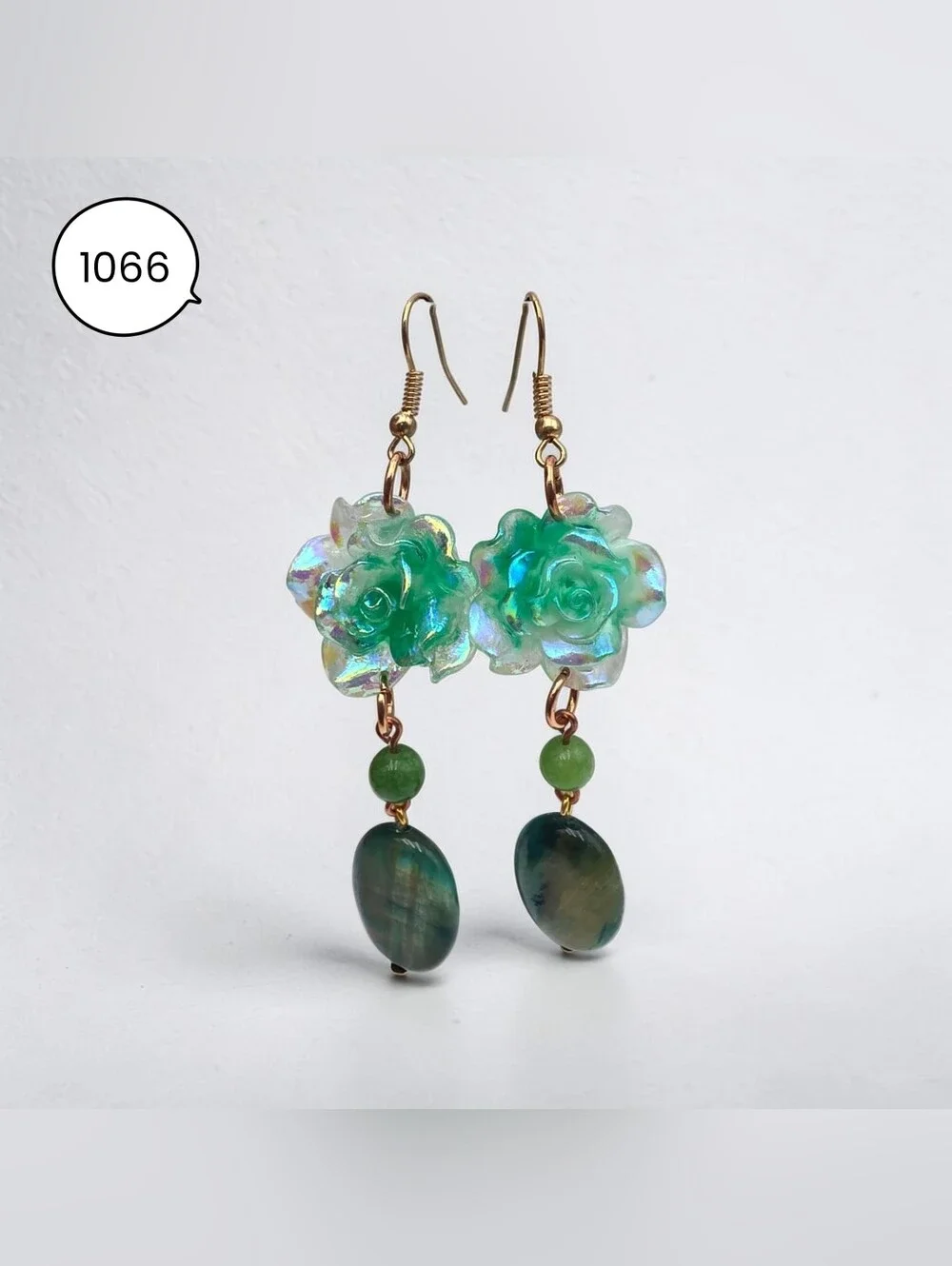 Handmade Iridescent Green Flower Drop Earrings with Green Jasper Stone - Picture 2 of 5
